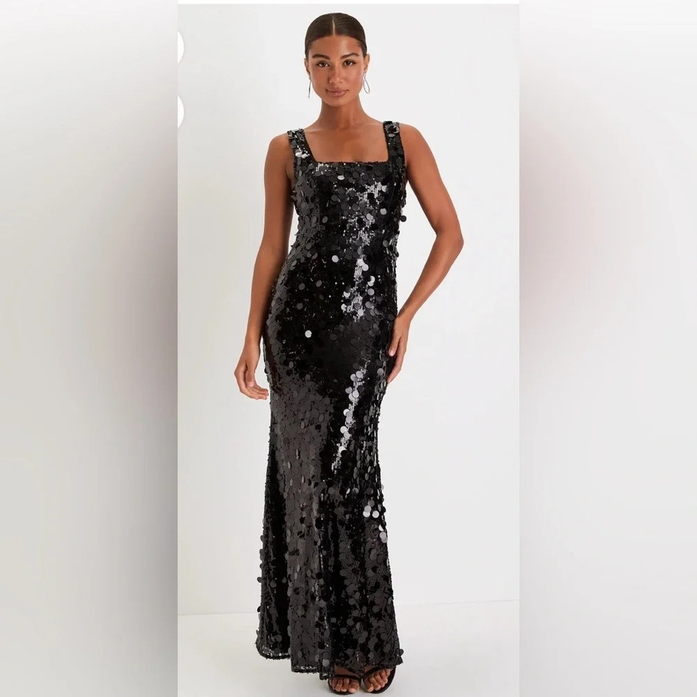 LULU'S  Shimmer Status Black Sequin Mermaid Dress Sz L  #0021